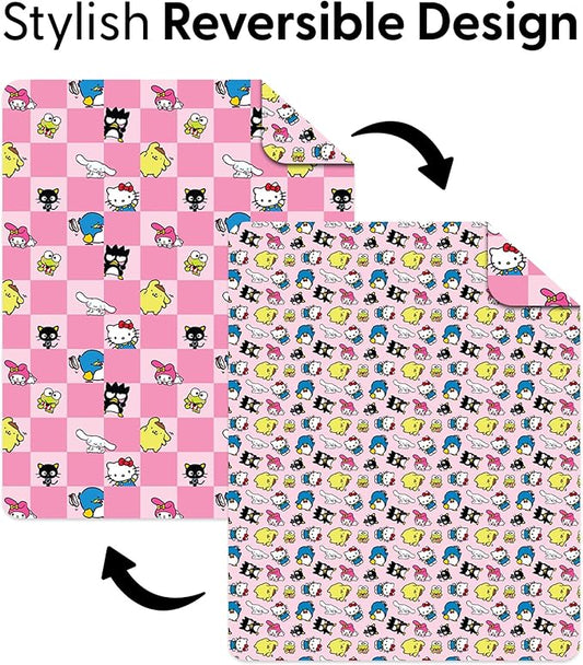 Northwest Hello Kitty & Friends Reversible Quilted Throw, Kawaii Checkered Pattern, Comfy Throw, for Anime Fans, Game Room, Chair or Couch, 60 x 80 Inches