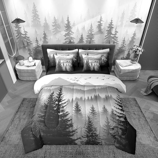Erosebridal 7 Piece Black Grey King Comforter Set with Sheets Smoky Mountain Forest Bed in A Bag Rustic Woodland Pine Trees Bedding Sets for Kids Boys Adults Men,Nature Landscape Bed Set
