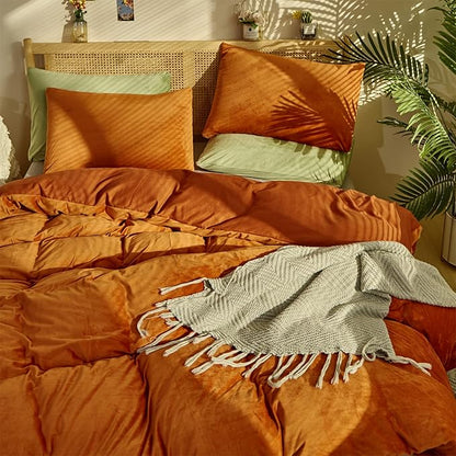 CLOTHKNOW Terracotta Velvet Twin/Twin XL Comforter Set 3Pcs Rust Fluffy Bedding Comforter Sets Soft Caramel Comforter with 2 x Pillow Cases