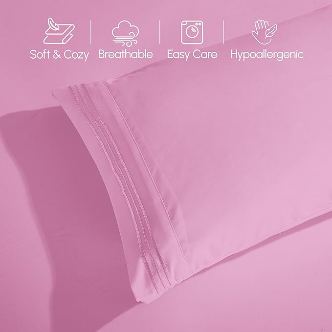 Elegant Comfort Luxurious 1500 Premium Hotel Quality Microfiber Three Line Embroidered Softest 4-Piece Bed Sheet Set, Wrinkle and Fade Resistant, King, Light Pink