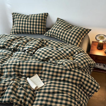 EAVD Vintage Style Beige&Green Plaid Duvet Cover Set Full 100% Washed Cotton Like Linen Feel Soft Grid Checkered Bedding Set with 2 Pillowcases Farmhouse Geometric Pattern Duvet Cover with Zipper