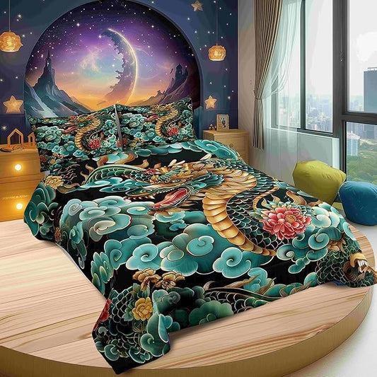 Chinese Loong Comforter Set for Kids,Propitious Cloud Bedding Set Teens Boys Room Decor,Exotic Chinese Style Comforter with 1 Pillowcase for All Seasons,Twin