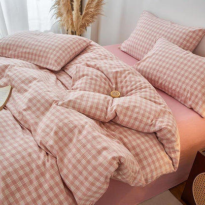 EAVD Vintage Style Gingham Plaid Duvet Cover Queen Pink White Soft 100% Washed Cotton Chic Warm Checkered Bedding Set with 2 Pillowcases Farmhouse Grid Gingham Duvet Cover with Zipper Closure