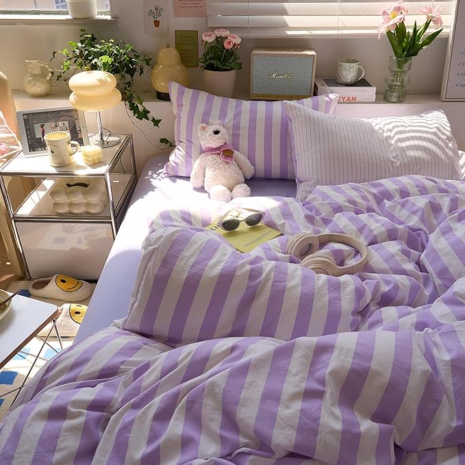 EAVD Farmhouse Purple Striped Duvet Cover Twin XL Soft Washed Microfiber Pink White Vertical Striped Bedding Set with 2 Pillowcases Modern Geometric Pattern Duvet Cover with Zipper Closure