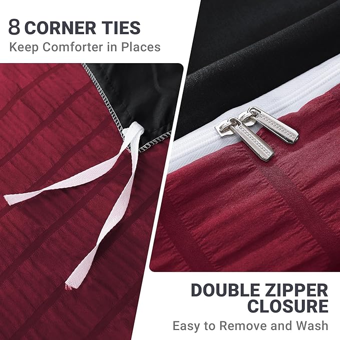 HYMOKEGE Dark Red/Black Duvet Cover King Size, Ultra Soft 3-Piece Seersucker Duvet Cover Set with Zipper Closure, Soft Brushed Microfiber Bedding Set with 8 Corner Ties (104"x90", 2 Pillowshams)