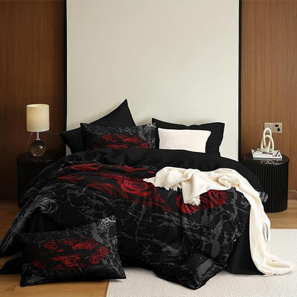 Gothic Black Rose Bedding Set Full Size, Red Sexy Lip Comforter Set for Girls Women, 3 Pieces Soft Fluffy Microfiber with 2 Pillowcases, 79"x90"