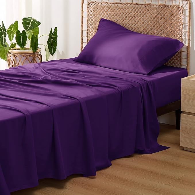 Bedsure Cooling Sheets Twin, Rayon Derived from Bamboo, PureWoven, Breathable & Soft Twin Sheets Set, Deep Pocket Up to 16 Inches, Hotel Luxury Silky Bedding for Hot Sleepers, Plum