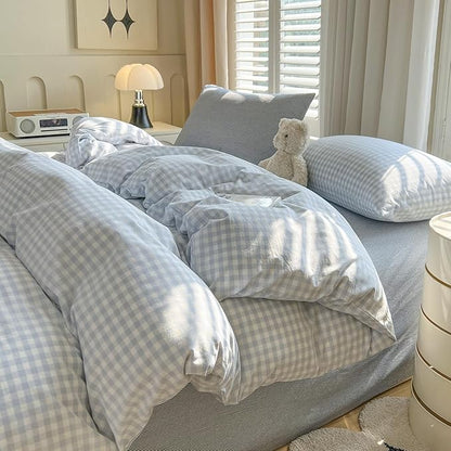 VM VOUGEMARKET Blue White Gingham Duvet Cover Set,Soft Washed Cotton Bedding Set,Minimalist Plaid Bed Set with Pillowcases,Cozy Bedroom & Dorm Decor,King Size