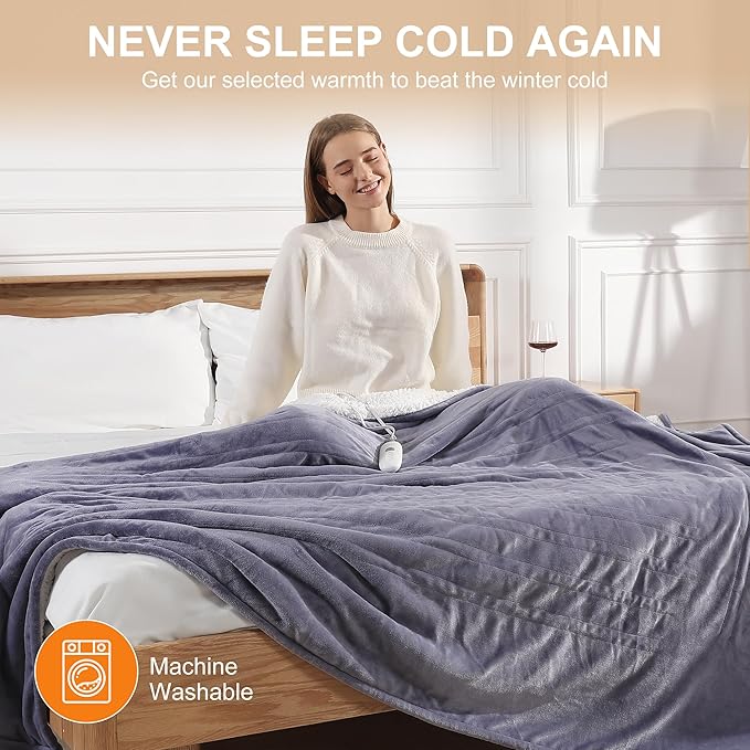 Queen Size Heated Blanket 84''X90'' Heating Blanket - Purple Electric Blanket Flannel Sherpa Double Controllers Heated Blanket with 5 Heat Settings & 10 Hours Auto-Off for Grandma Gifts(Lavender)