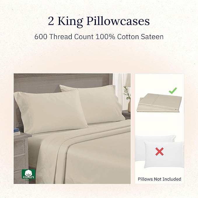 California Design Deinking Size Pillow Cases Set of 2-600 Thread Count Sateen, 100% Cotton Pillowcases King Size, Soft and Breathable - Beige