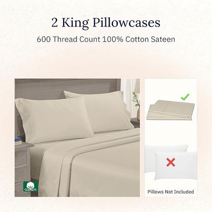 California Design Deinking Size Pillow Cases Set of 2-600 Thread Count Sateen, 100% Cotton Pillowcases King Size, Soft and Breathable - Beige