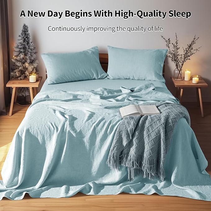 LBRO2M 100% Pure Linen Sheet Set Deep Pocket Up to 16" Bed Sheets Sets, Natural Flax Beddings Soft, Breathable, Comfortable for All Seasons 4 Pcs Sheet Set Queen Size, Ocean Blue