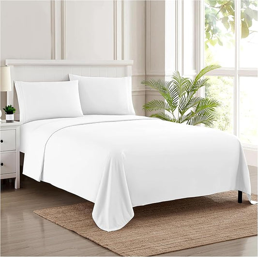 RV Queen Bed Sheets - Breathable Luxury Sheets with Full Elastic & Secure Corner Straps Built In - 1800 Supreme Collection Extra Soft Deep Pocket Bedding Set, Sheet Set, RV Short Queen, White