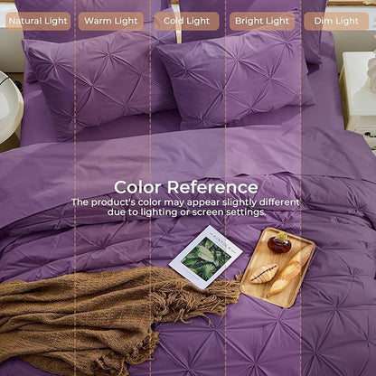 Sasttie King Size Comforter Set, 7-Piece Bed in a Bag, Pintuck Bedding Set for All Season, Includes Comforter, Flat Sheet, Fitted Sheet, Pillowcases and Pillowshams, Grape Purple