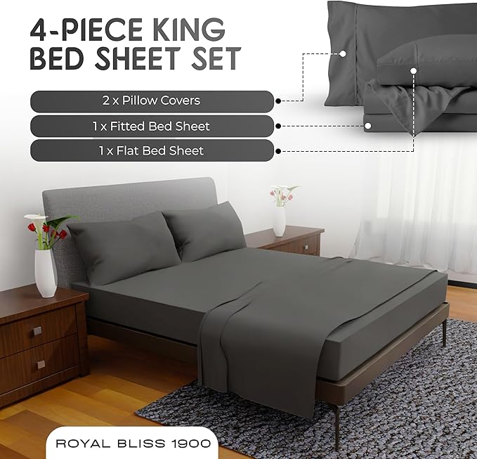 Royal Bliss King Size Sheets Set - 4 Piece Bedding - Wrinkle Free - Double Brushed, Deep Pocket Set, Cooling Sheets (Dark Grey, King)