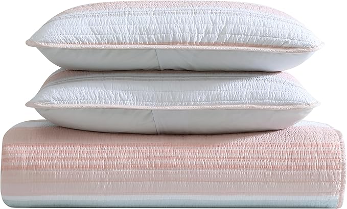 Beatrice Home Fashions Coralinn Striped 3-Piece Quilt Set, Lightweight, All-Seasons, King, Blush