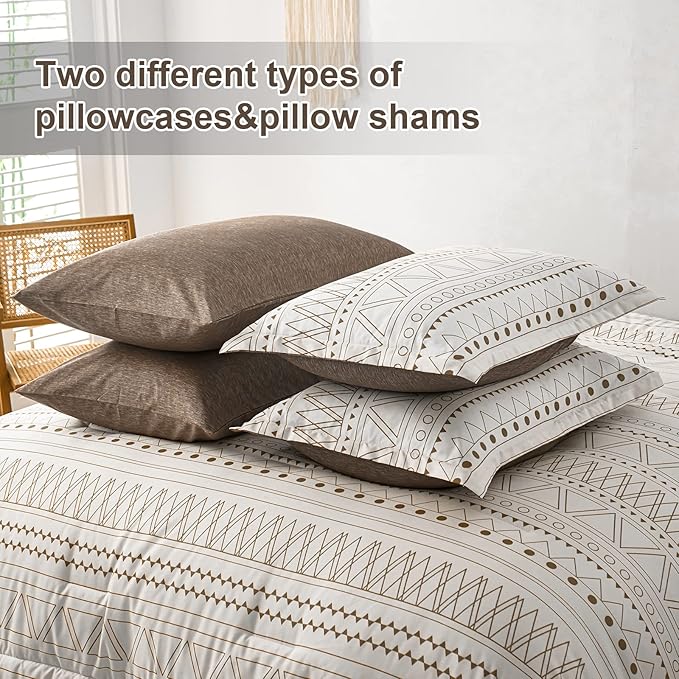 WONGS BEDDING Brown Boho Comforter Set Queen 7 Pieces Bed in a Bag Geometric Striped Comforter Reversible Soft Microfiber Bedding Set with Pillowcases,Flat Sheet,Fitted Sheet,Pillow Shams