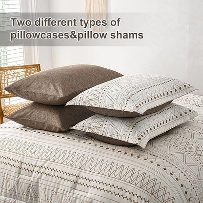WONGS BEDDING 7 Pieces Brown Comforter Set King Size,Boho Bed in a Bag Geometric Stripe Comforter Reversible Soft Microfiber Bedding Set with Pillowcases & Shams,Flat Sheet,Fitted Sheet