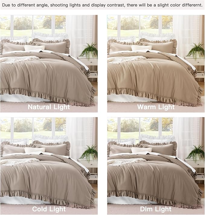 Litanika Light Coffee Queen Comforter Set, 3 Pieces Ruffle Farmhouse Aesthetic Bedding Comforter Set, All Season Soft Lightweight Fluffy Microfiber Bed Set(90x90In Comforter, 2 Pillowcases)