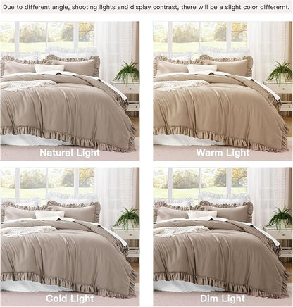 Litanika Light Coffee Queen Comforter Set, 3 Pieces Ruffle Farmhouse Aesthetic Bedding Comforter Set, All Season Soft Lightweight Fluffy Microfiber Bed Set(90x90In Comforter, 2 Pillowcases)