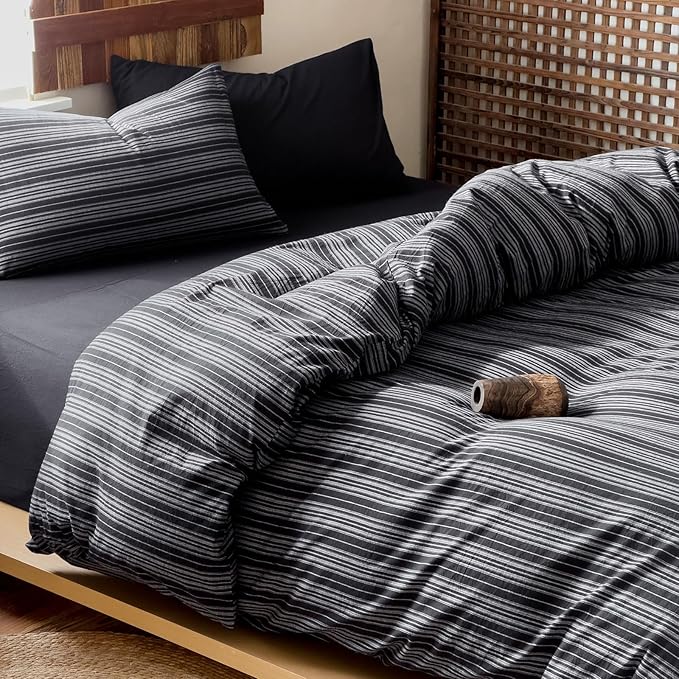 EAVD Retro Black Striped Duvet Cover Queen Soft 100% Washed Cotton Reversible Striped Pattern Bedding Set with 2 Pillowcases Farmhouse Geometric Duvet Cover with Zipper Closure