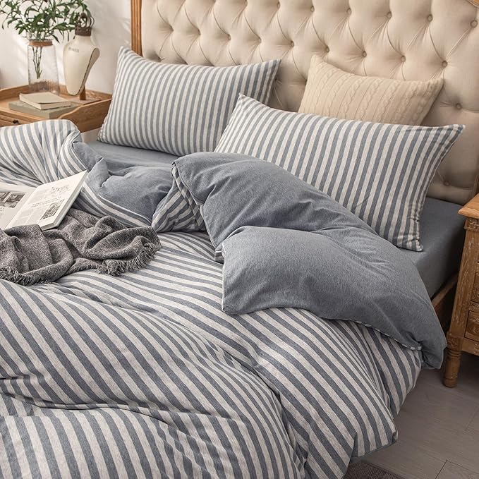 PURE ERA Jersey Knit Pillowcases 100% T-Shirt Cotton Super Soft Comfy Breathable, Set of 2, Queen 20" x 30",Heather Blueish Grey Stripe