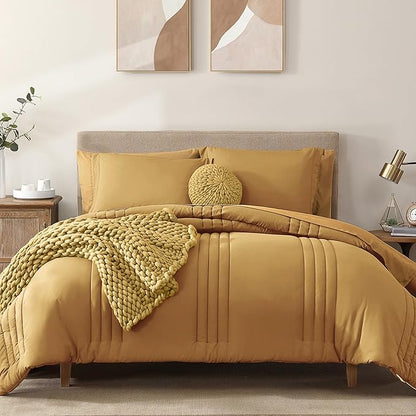 Monbix Queen Comforter Set - 7 Pieces Desert Yellow Bed in a Bag Queen Bedding Sets with Comforters, All Seasons Comforter Bed Set with Sheets, Pillowcases & Shams