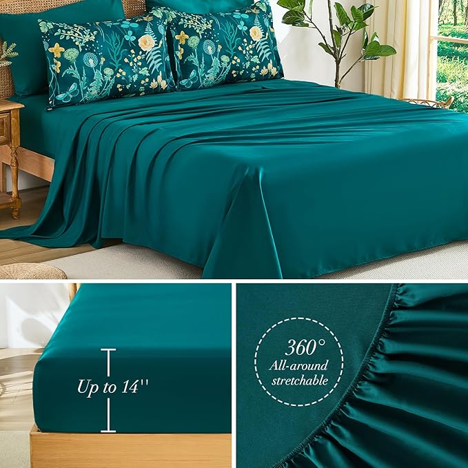 Yiran King Size Comforter Set 7 Piece, Teal Green Floral Bedding Set, Lightweight Bed in a Bag King with Botanical Flowers Spring, Soft Microfiber Complete Bedding Set with Sheets for All Season