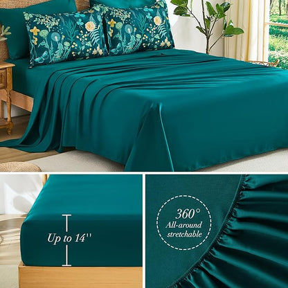 Yiran Queen Comforter Set 7 Piece, Teal Green Floral Bedding Set, Bed in a Bag Queen Size with Botanical Flowers Spring, Soft Lightweight Complete Comforters with Sheets for All Season