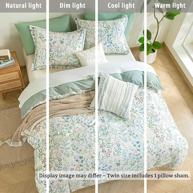 Floral Cotton Comforter Twin Size - Botanical Wildflower Pattern with Soft Pestel Accents on White, Textured Dusty Green Back, 2PC Lightweight Bedding Set with Down Alternative Fill(68"×90")