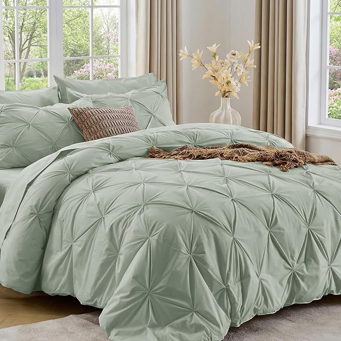 Sasttie Full Size Comforter Set, 7-Piece Bed in a Bag, Pintuck Bedding Set for All Season, Includes Comforter, Flat Sheet, Fitted Sheet, Pillowcases and Pillowshams, Dusty Green