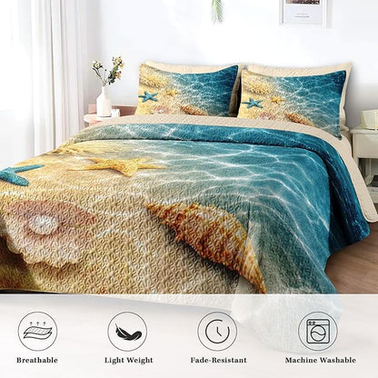 Quilt Set Twin Size, Summer Beach Seashell 2 Pcs Soft Bed Cover Bedding Set for Kids and Adults, Blue Ocean Sea Shell Lightweight Bedspread Coverlet with Pillow Sham for All Season