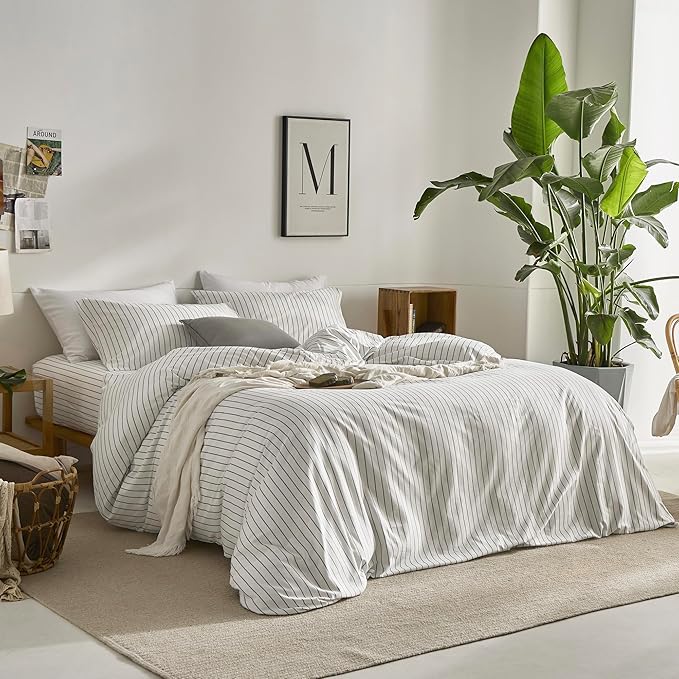 JELLYMONI Striped Duvet Cover Set - King Size 100% Cotton - 3PCS White & Grey Vertical Stripes Bedding - Hidden Zipper Closure & 8 Corner Ties - Breathable Comforter Cover for Bedroom