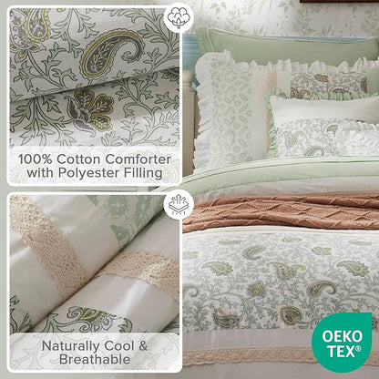 Madison Park King Comforter Set Cottage Cotton Comforter for King Size Bed, All Season, Lightweight King Cotton Bedding Include Shams, Bedskirt & Décor Pillows, Dawn, King Sage Green 9 Piece