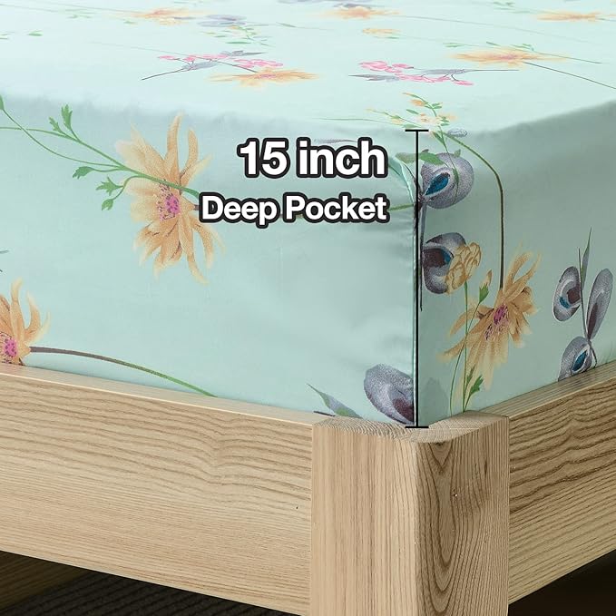 JSD Green Floral Queen Sheet Set 6 Piece, Soft Boho Printed Microfiber Bed Sheets Extra Deep Pocket, Oeko-TEX Certified