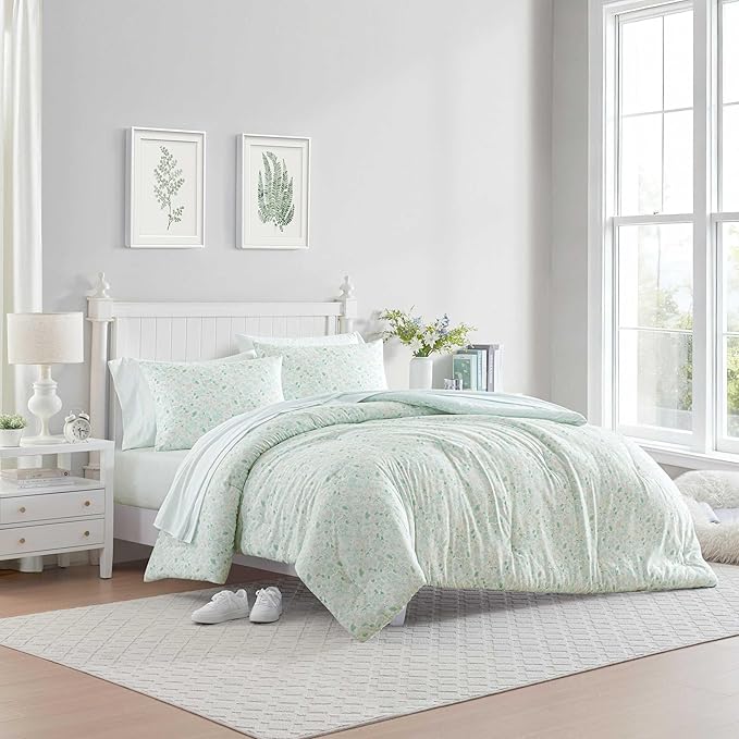 Laura Ashley - Twin Comforter Set, Soft & Reversible Floral Bedding with Bonus Bed Sheets & Pillowcases, 5 Piece Bed Set for Year Round Comfort (Quartet Jaynie Ticking/Stripe Blue)