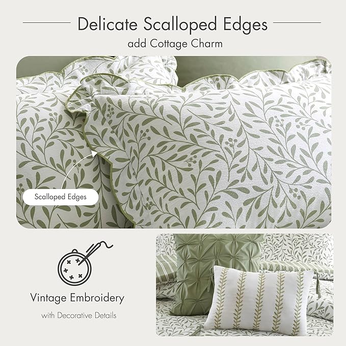 Madison Park 5-Piece Reversible Botanical Comforter Set - Summer Floral Print with Scalloped Edges, Lightweight Bedding with Decorative Pillows, King, Sage Green | Reversible, Lightweight