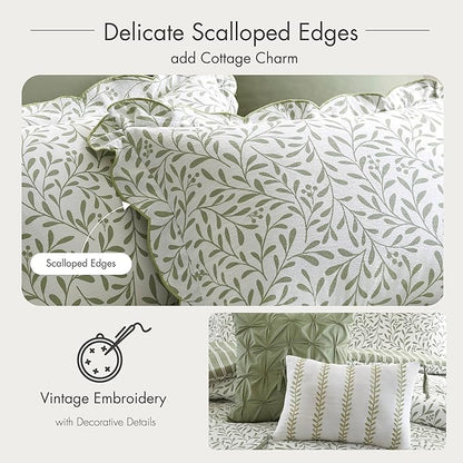 Madison Park 5-Piece Reversible Botanical Comforter Set - Summer Floral Print with Scalloped Edges, Lightweight Bedding with Decorative Pillows, King, Sage Green | Reversible, Lightweight