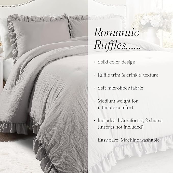 Lush Decor Reyna Ruffle Comforter Set, Full/Queen, Light Grey, 3 Piece Cozy Bedding Set
