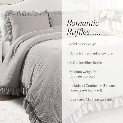 Lush Decor Reyna Ruffle Comforter Set, Full/Queen, Light Grey, 3 Piece Cozy Bedding Set