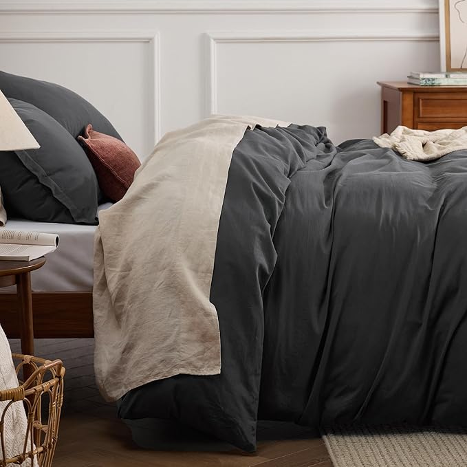 Bedsure 100% Washed Cotton Duvet Cover Oversized King - Charcoal Minimalist Bedding Set Linen Like - PureWoven Plain Simple & Soft Comforter Cover for All Seasons (Charcoal, Oversized King, 120"x98")
