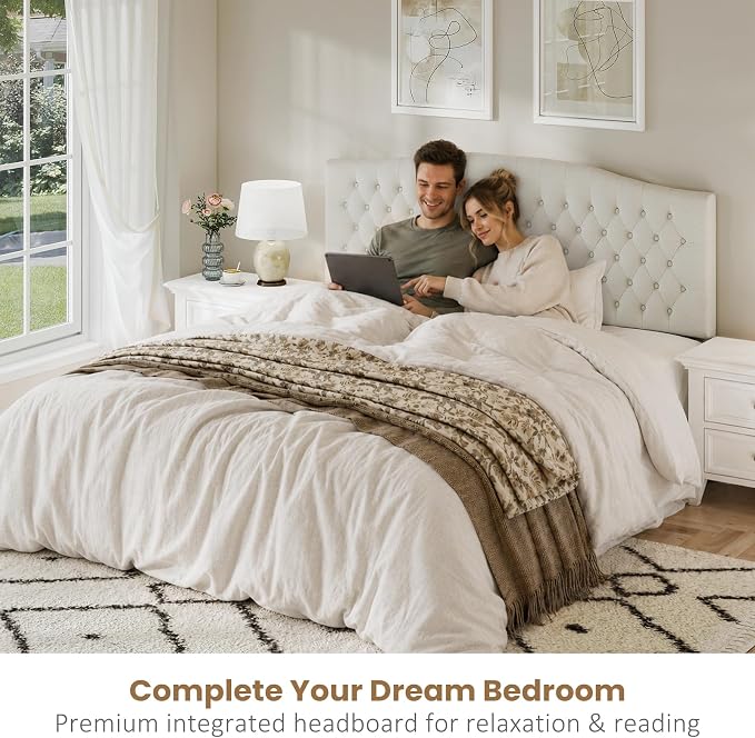King Headboard Only, Upholstered Headboard King Size for Adjustable Bed Linen Tufted Wall Mounted Head Board with Solid Wood Legs, Ivory