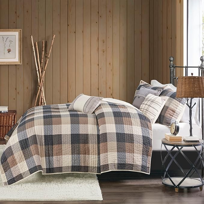 Madison Park Reversible Quilt Cabin Lifestyle Plaid Design - All Season, Breathable Coverlet Bedspread Bedding Set, Matching Shams, Full/Queen(90"x90"), Neutral 6 Piece
