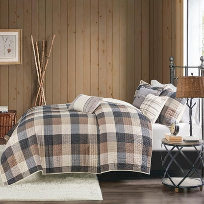 Madison Park Reversible Quilt Cabin Lifestyle Plaid Design - All Season, Breathable Coverlet Bedspread Bedding Set, Matching Shams, Full/Queen(90"x90"), Neutral 6 Piece