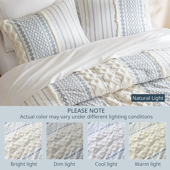 Ink+Ivy Comforter for Queen Size Bed, Chenille Tufted, Breathable Cotton Comforter Set Queen, All Season Modern Boho Comforter with Farmhouse Bedding Flare, 2 Matching Shams, Queen White/Navy 3 Piece