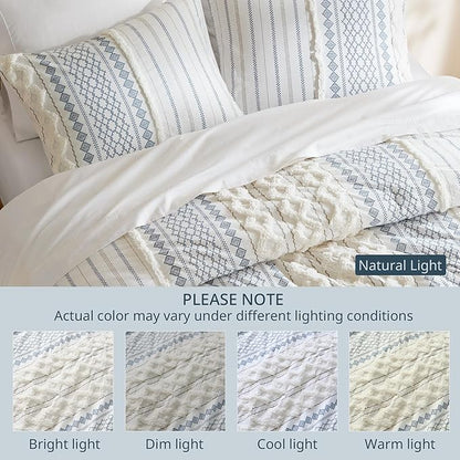 Ink+Ivy Comforter for Queen Size Bed, Chenille Tufted, Breathable Cotton Comforter Set Queen, All Season Modern Boho Comforter with Farmhouse Bedding Flare, 2 Matching Shams, Queen White/Navy 3 Piece