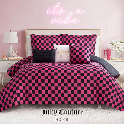 Juicy Couture Reversible Checkerboard Comforter Set 5-Piece Twin/Twin XL Set, Black/Hot Pink