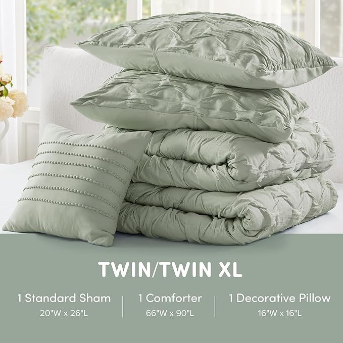 Comfort Spaces Twin/Twin XL Comforter Set for College Ogee Ruched Crinkle Texture Breathable Comforter Set Twin Dorm All Season Lightweight Bedding Set Shabby Chic Décor Pilow Green 3 Piece
