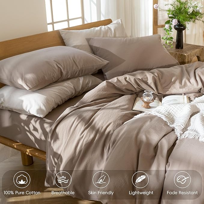 MooMee Bedding Pillowcases Pack of 2 100% Washed Cotton Linen Like Textured Breathable Durable Soft Comfy (Solid Brown, King)