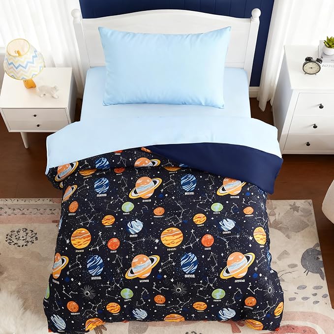 Toddler Bedding Set - 4 Pieces Toddler Comforter Set for Kids Boys, Glow in The Dark Space Bed in A Bag with Sheets